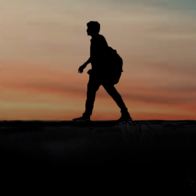 A portrait shot of a single male traveller walking
                     horizontally accross the cameras field of view, taken with a
                     rich orange and red sunset in the background