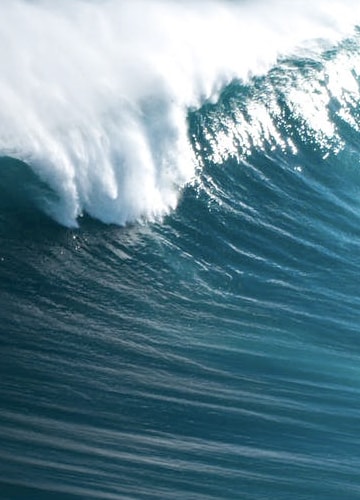 A medium shot of a relatively tall wave building in size, taken at the peak of its height before it collapses onto the out of sight shore